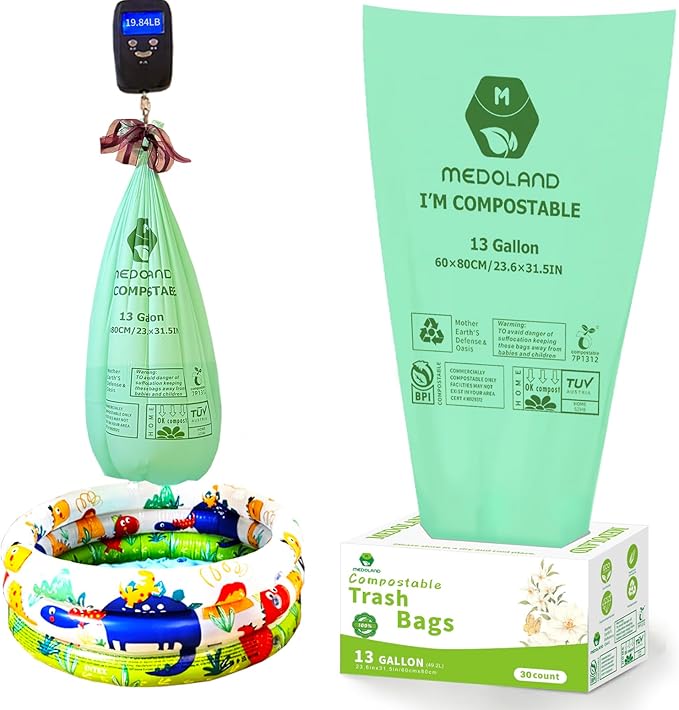 BPI Certified Compostable Trash Bags 13Gallon (30 Count) - 3X Thicker Than Regular, Leak & Tear Resistant for Kitchen/Garden/Food Waste, 90-Day Breakdown in Home/Industrial Use, 0.91mils Plant-Based