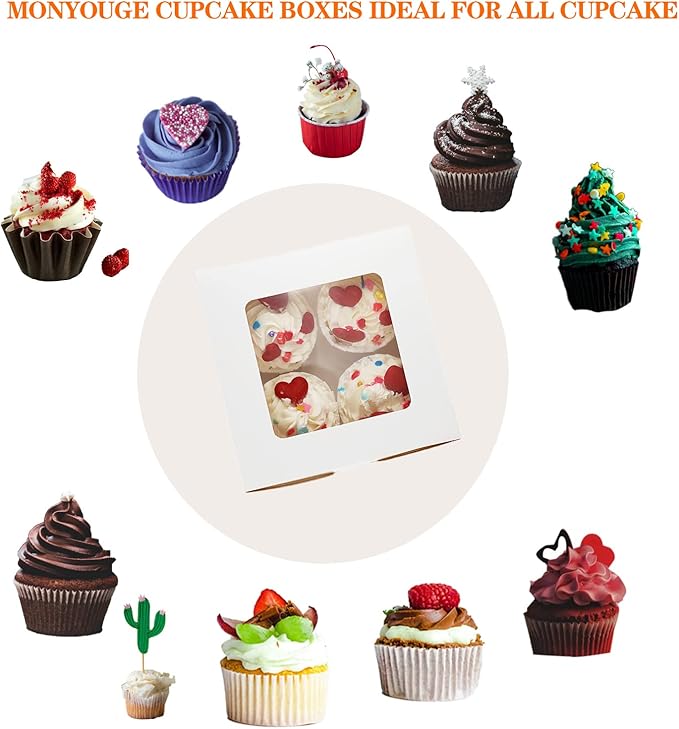 30-Set Cupcake Boxes Bulk with Clear Display Window Hold 4 Standard Cupcakes, Disposable Food Grade White Cupcake Carrier Cupcake Container, Perfect for Cupcakes Muffins Cookies Pastries