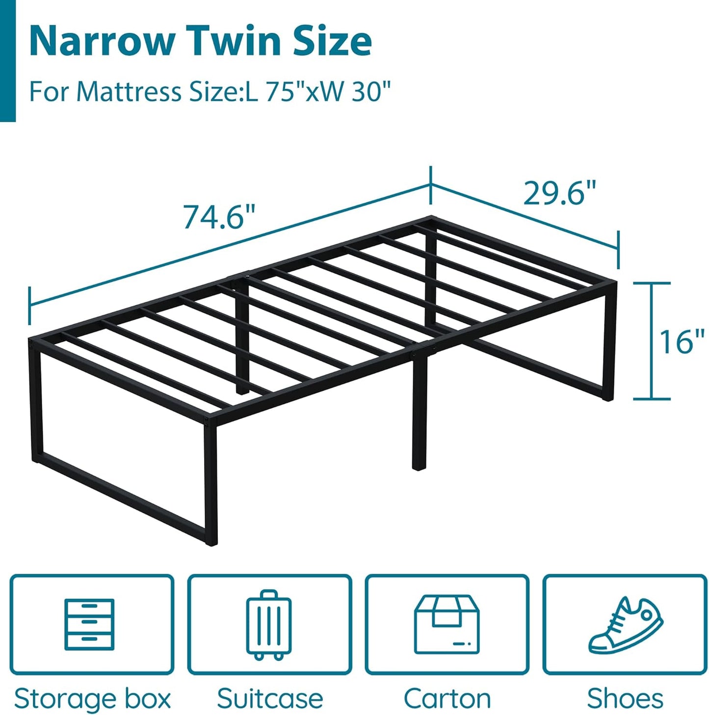 EMODA 16 Inch Narrow Twin Bed Frame 30x75, Heavy Duty Metal Platform No Box Spring Needed, Easy Assembly Noise Free, Black