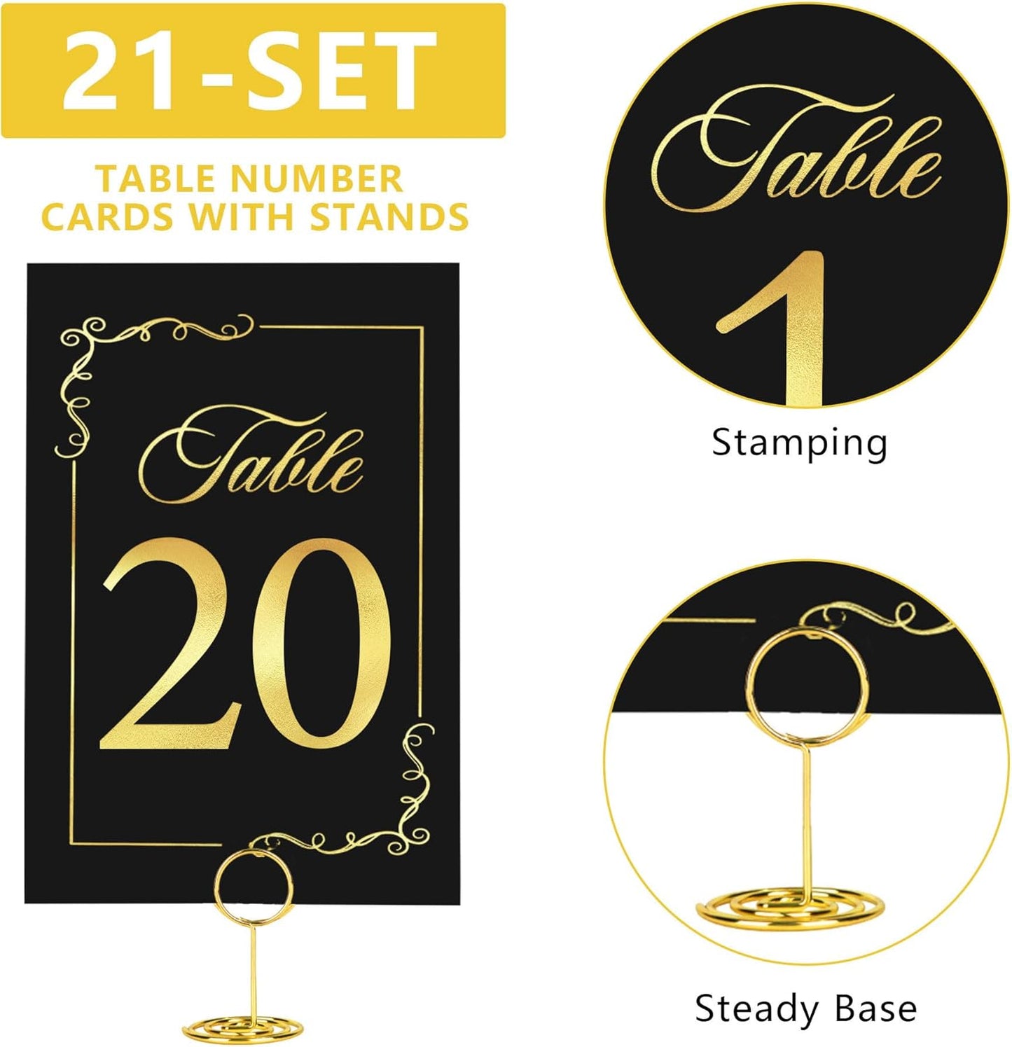 JOYIT 21 Sets Wedding Table Number 1-20 and Head Table Card with 21 Pcs Tables Number Holders, Black Gold Numbers Cards with Place Card Holders, 4" X 6" Tables Numbers Cards for Wedding Reception