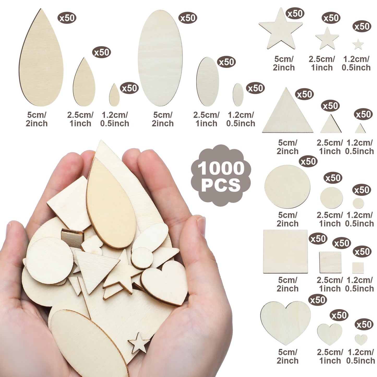 Gerrii 1000 Pcs Natural Wood Shapes Assortment Blank Wooden Craft Shapes Bulk Unfinished Wood Pieces Materials Cutouts Variety for Arts and Crafts Painting DIY Projects