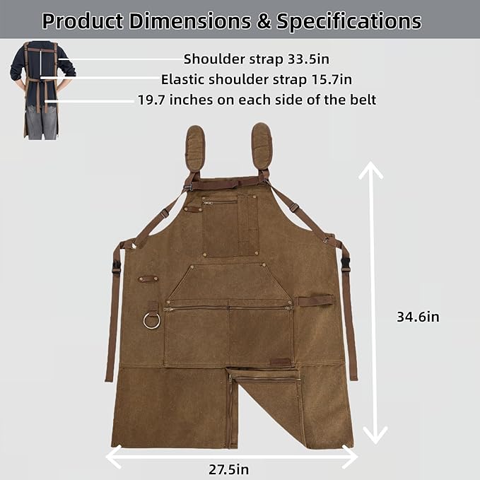 Waxed Canvas Work Apron Heavy Duty 20oz with 11 Pockets, Fully Adjustable for Carpenter, Woodworking, Blacksmith, Workshop & Garage