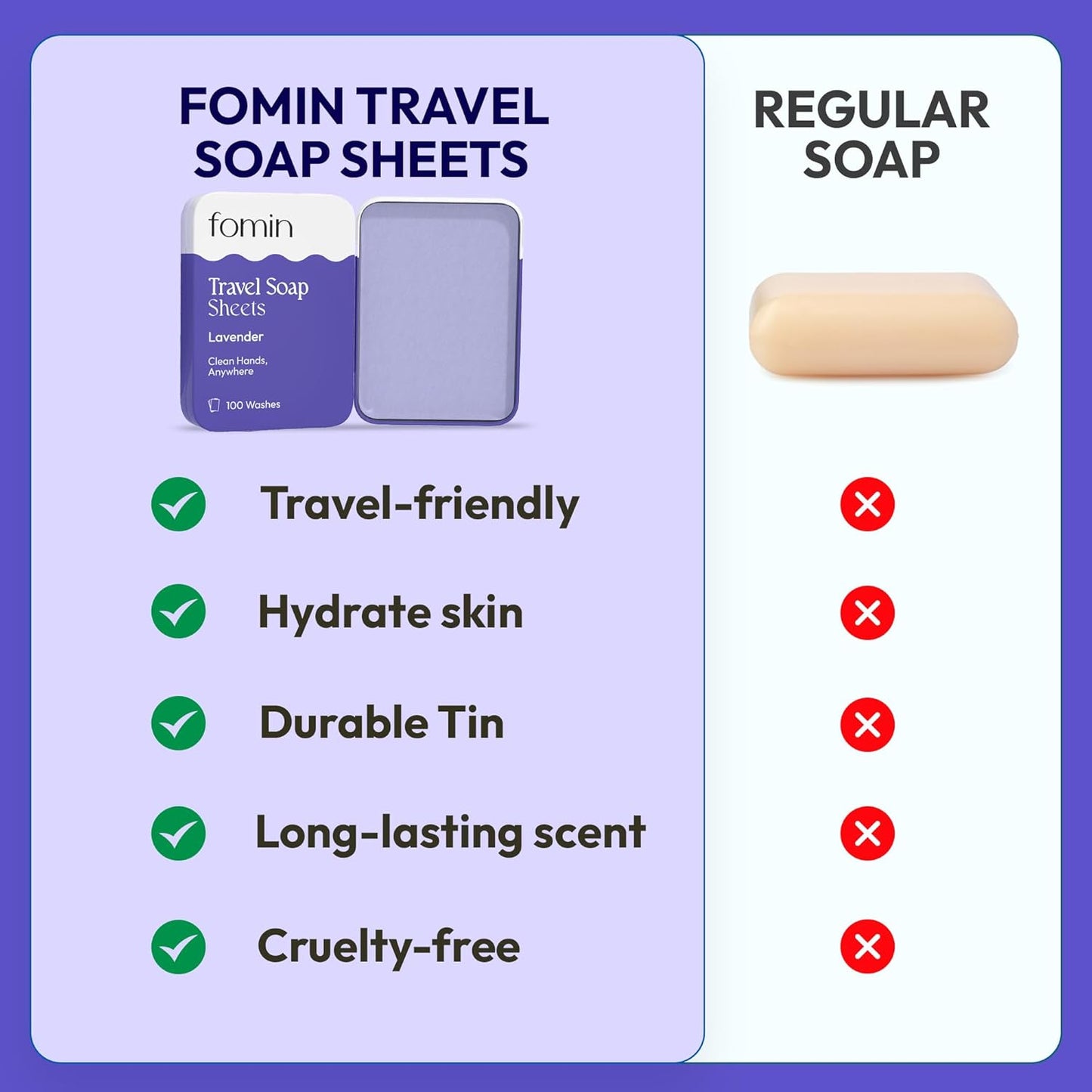 FOMIN - Antibacterial Paper Soap Sheets Tin for Traveling - (100 Sheets) Lavender Portable Travel Hand Soap Sheets, Dissolvable Mini Camping Hand Soap for Hand Washing