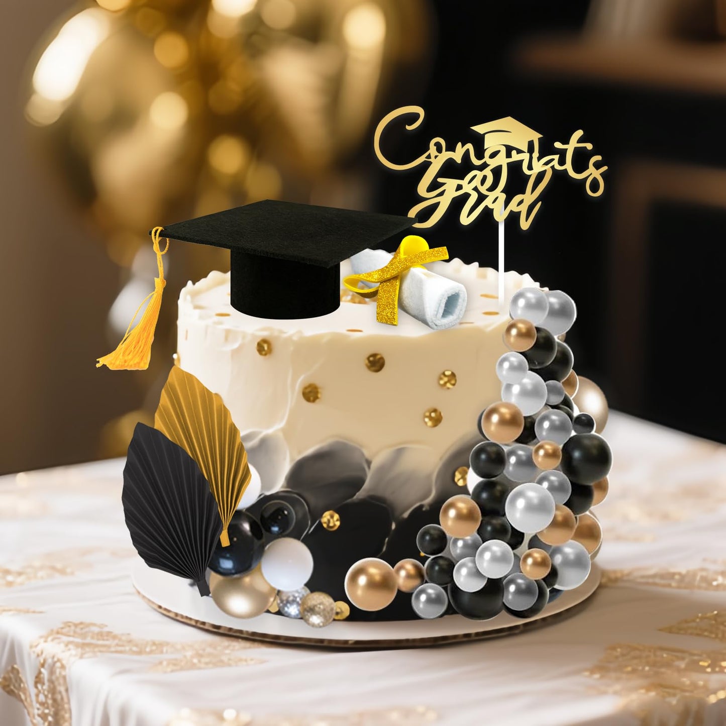 Graduation Cap Cake Topper Decorations Kit Included Cap Diploma Gold Congrats Grad Cake Topper Balls and Paper Palm Leaves Cake Decorations for Graduation Party Cake Decoration (Black)