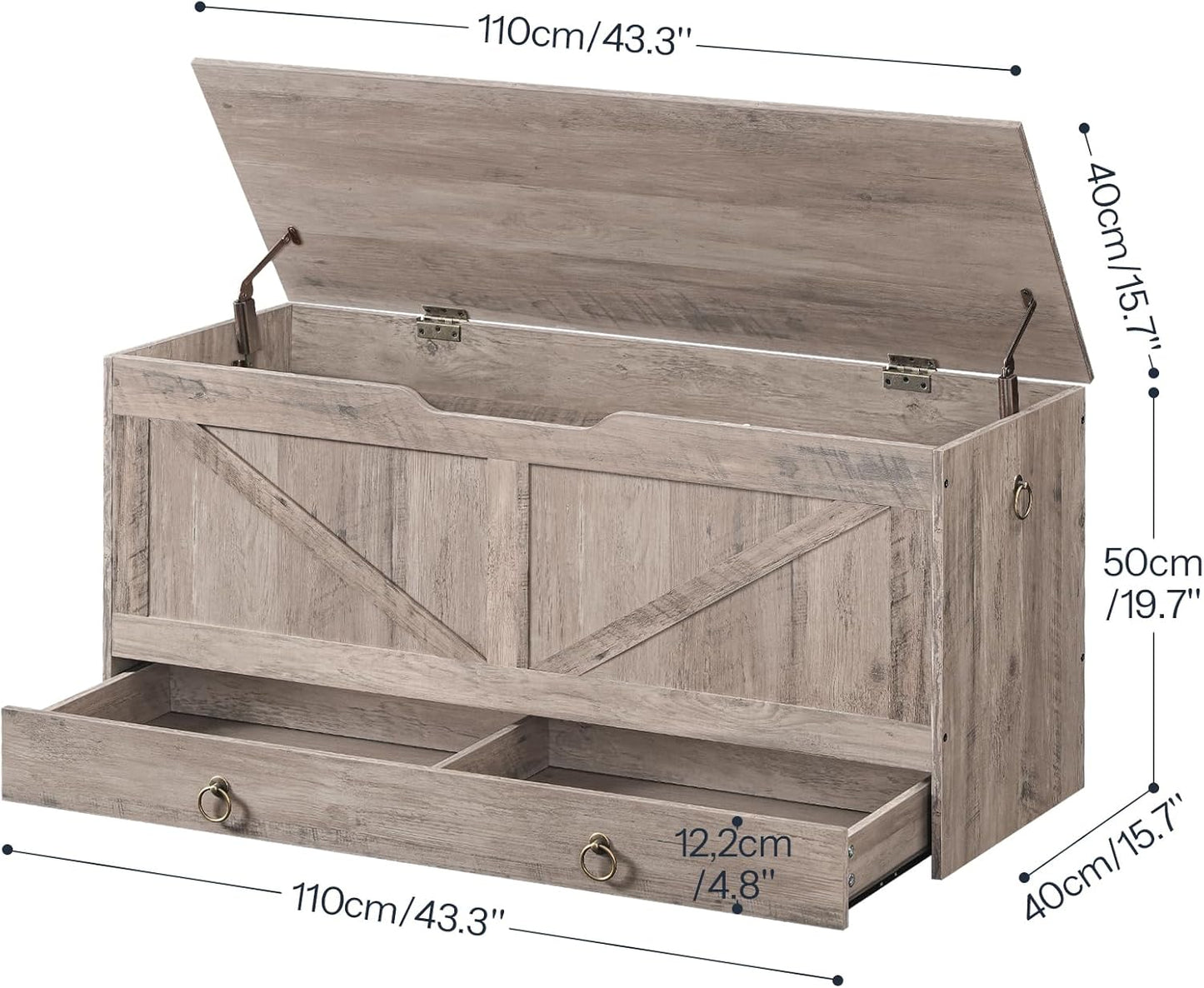 HOOBRO Storage Chest, 43.3" Toy Chest with Drawer, Wooden Storage Bench, Sturdy Entryway Bench Supports 220 lb, Shoe Bench, Safety Hinge, U-Shaped Opening, Easy Assembly, Greige BG711CW01G1