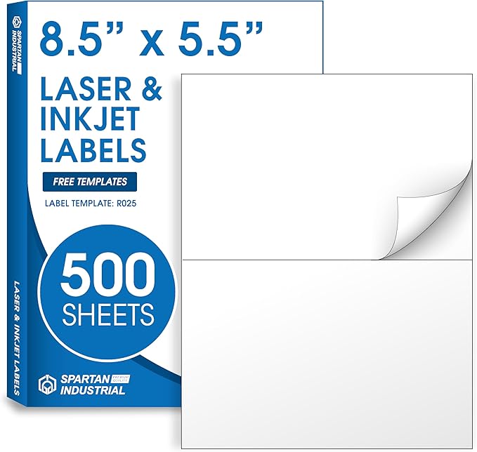 8.5" X 5.5" Printable Half-Sheet Shipping Labels for Inkjet and Laser Printers - 500 Sheets, 1000 Custom Stickers for Mailing, Packages, and Address Labels - Spartan Industrial Template R025