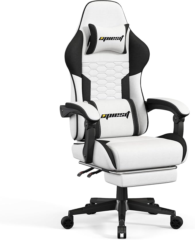 Gaming Chair, Fabric Computer Chairs with Lumbar Support and Massager, Ergonomic Office Chair with Footrest & Pocket Spring Cushion, Bearing 400 LBS（White）