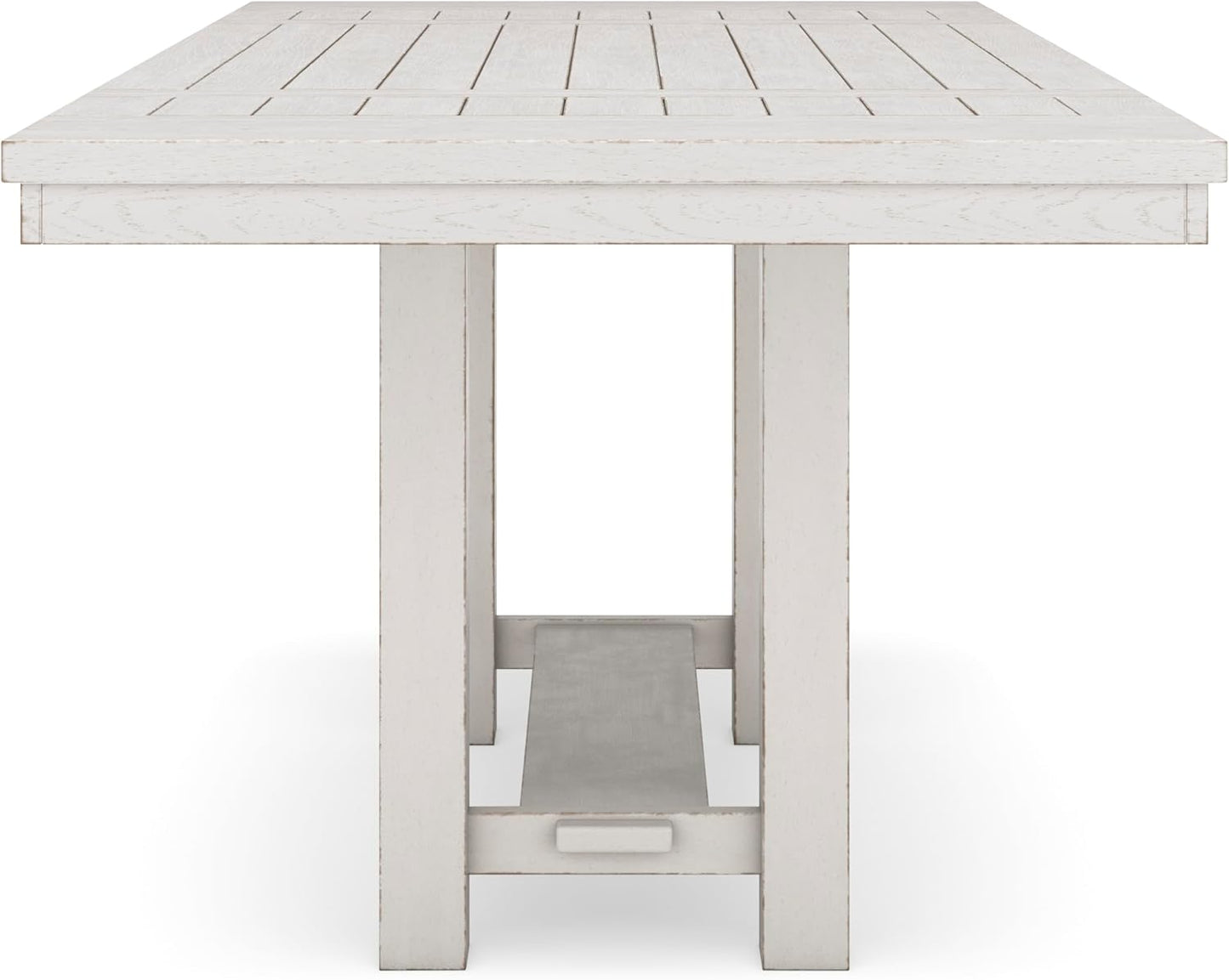 Signature Design by Ashley Robbinsdale Farmhouse Distressed Counter Height Dining Extension Table with Trestle Base, Planked Effect and 2 Removable End Leaves, White