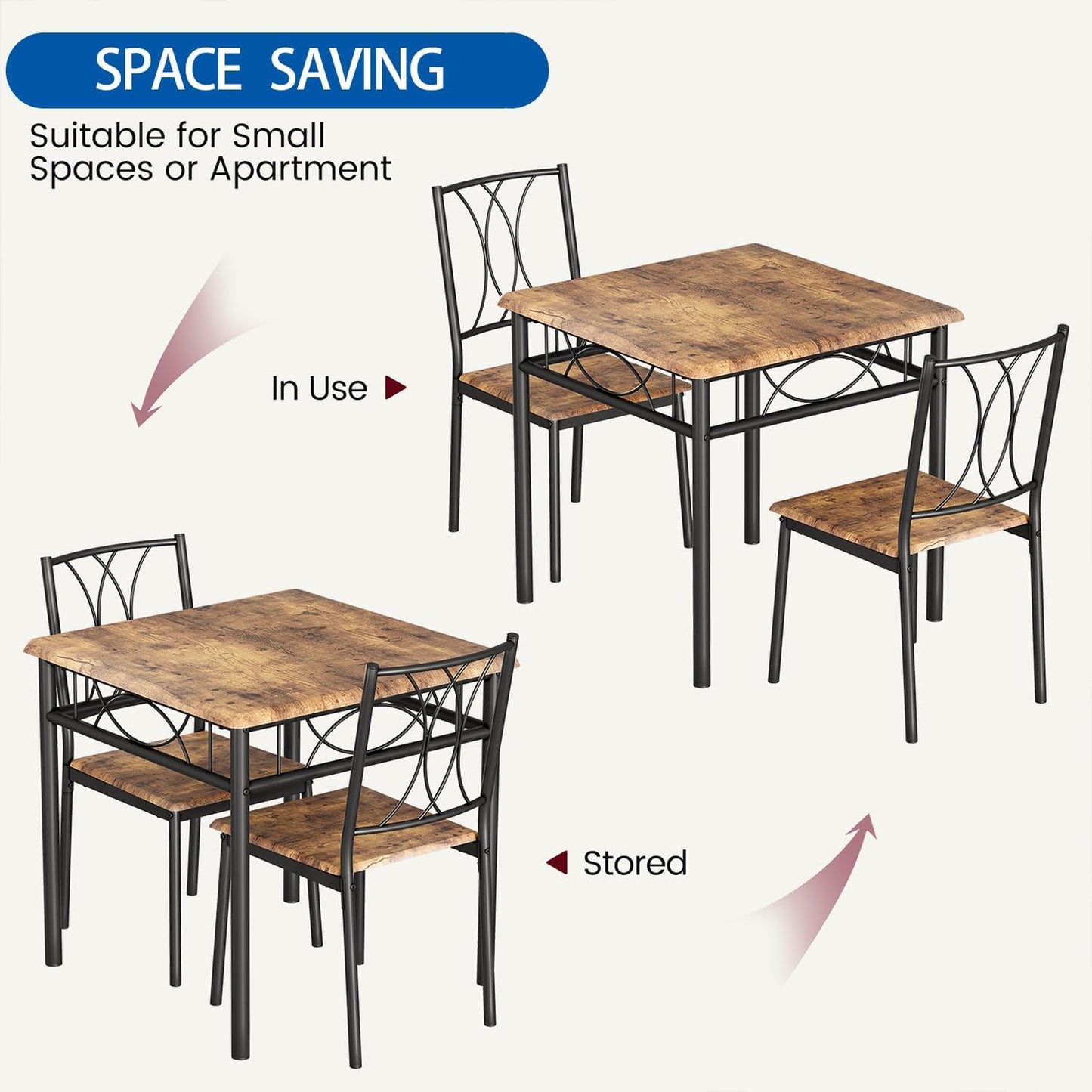 IDEALHOUSE Dining Table Set for 2, Kitchen Table and Chairs for 2, Rectangular Dining Room Table Set, 3-Piece Wood Dining Table Set for Apartment, Small Space, Space Saving, Retro Brown
