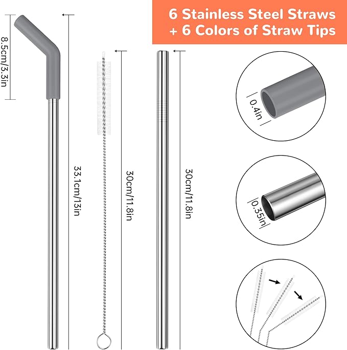 Tomorotec 6-Pack Morandi Colors Silicone Tip Stainless Steel Straws for 40oz Stanley Tumblers with 2 Cleaning Brushes, BPA-Free 13" Long Healthy & Safe for Outdoor & Home Use, Enhances Drink Enjoyment