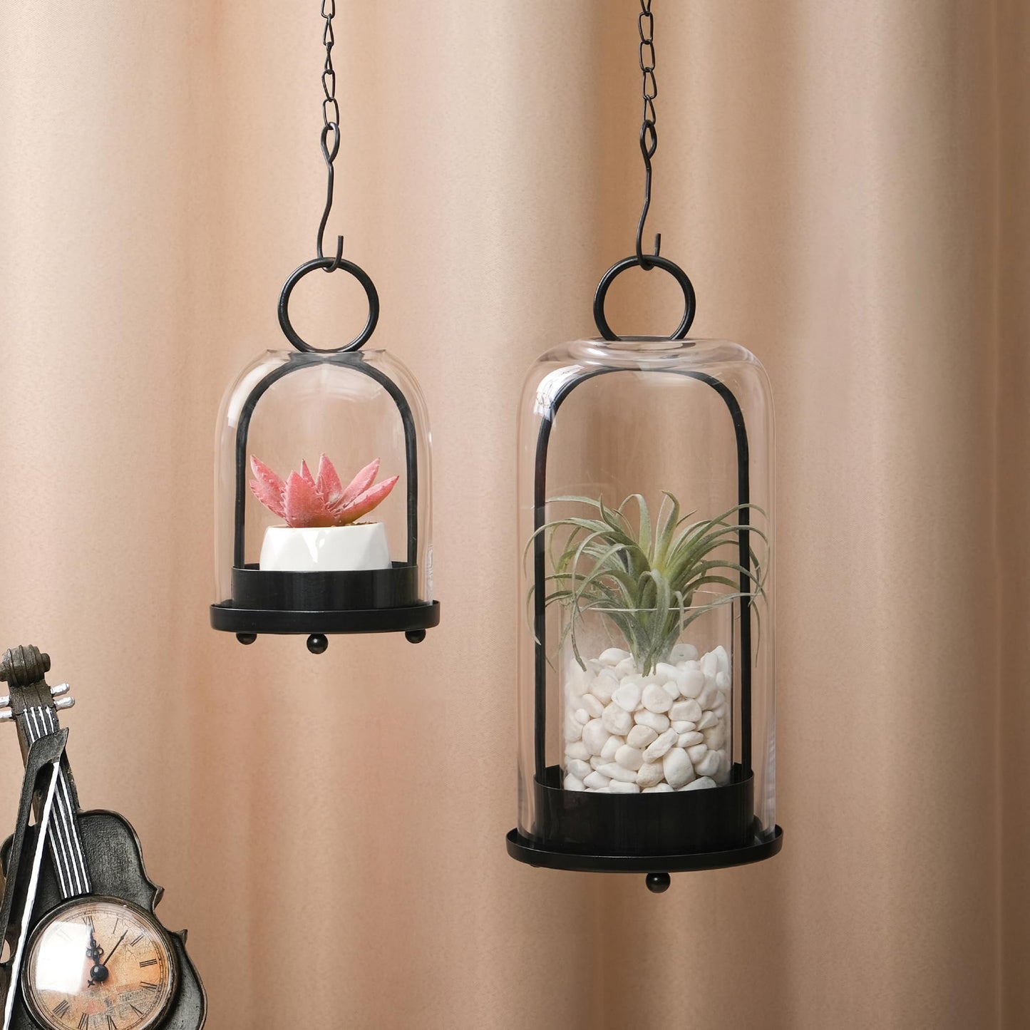 5" & 4" Wide Versatile Metal Candle Holder in Black with Handmade Thick, Heavy & Sturdy Glass Dome for Pillar Candle, Industrial, Modern, Shelf, Mantel, Veranda, Porch (Black, Large & Small)