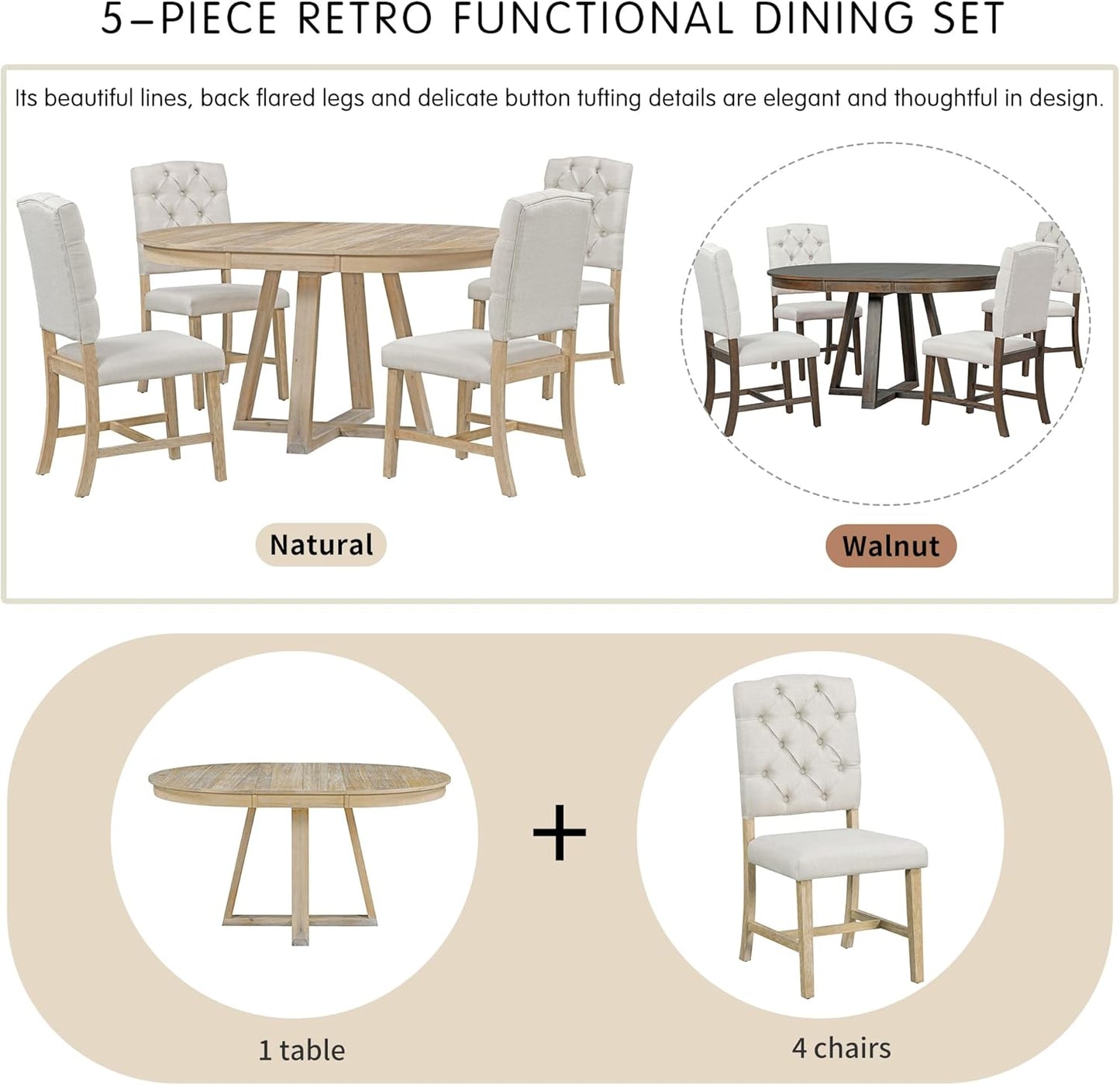 5 Pieces Dining Table Set with 42" Table,Living Room Furniture W/ 4 Upholstered Chairs,Tabletop Can be Adjusted from Round to Oval in Shape,for Restaurant,Home Bistro,Natural