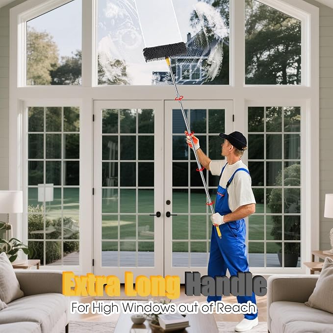 96" Long Handle Window Cleaner Tool Squeegee with Extension Pole, 2 in 1 Large Surface Window Cleaning Kit, Professional Window Washing Kit for High Windows Glass Car Mirror Solar Panel
