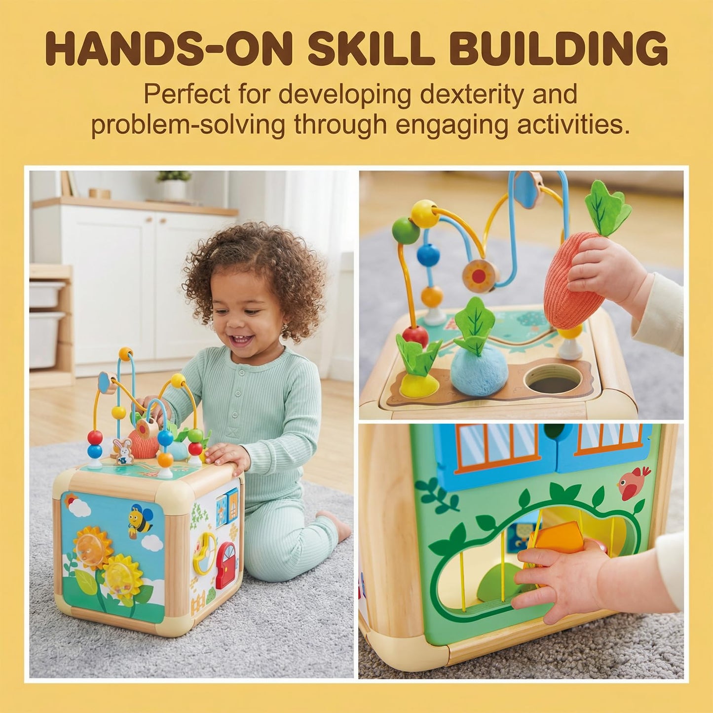 Hape Green Thumbs 6-in-1 Wooden Activity Cube for Toddlers - Nature-Themed Educational Toy with Bead Maze, Shape Sorter & Sensory Carrots - Montessori Learning Gift for Baby Boys & Girls