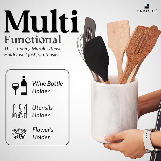 Radicaln Marble Utensil Holder 6.5" Inches White Handmade Spoon Holder for Kitchen Counter, Ideal Kitchen Utensils Set Organizer, Farmhouse Kitchens Decor & Accessories, Cooking Utensil Storage
