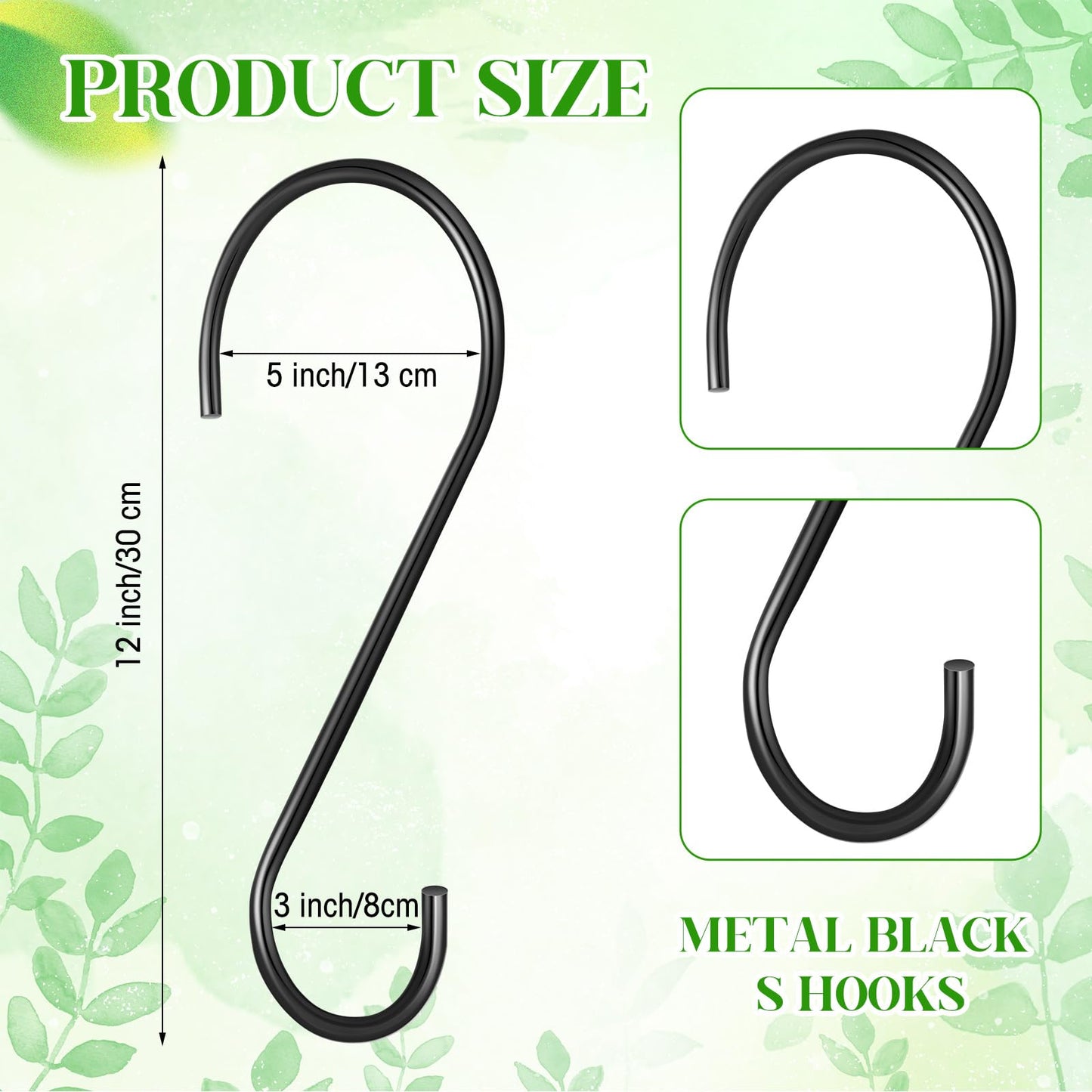 Leriton 3 Pack 12 Inch Large S Hooks for Hanging Plants, Heavy Duty Black Metal Hangers for Pergola Garage Organization Bird Feeders Closet Rod Vinyl Coated Non Slip Utility Hooks
