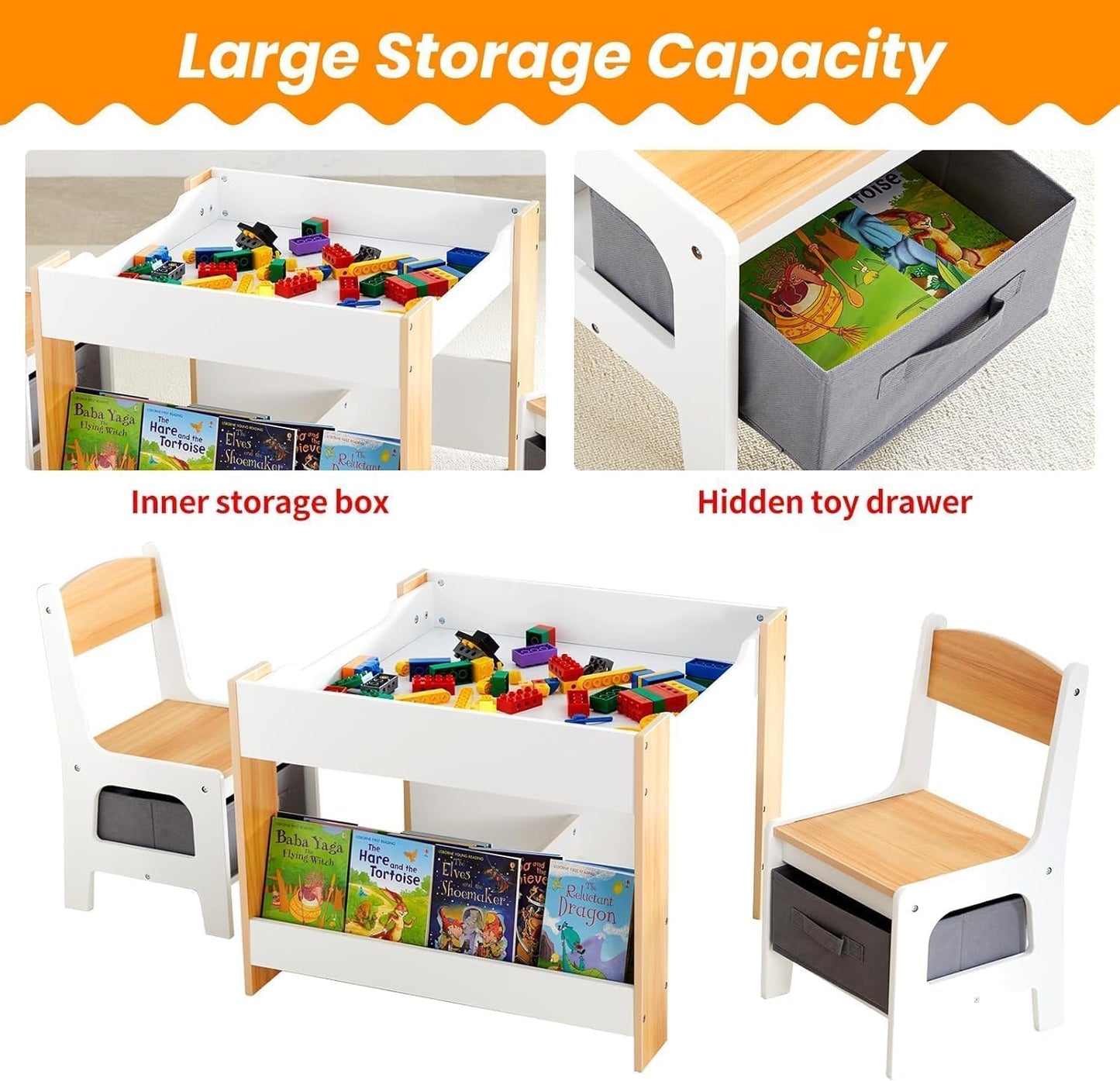 Asweets Kids Table and Chair Set,4 in 1 Toddler Desk with Storage Drawer,Wooden Activity Table for 2 in 1 Detachable Tabletop,Bookshelf,Suitable for Classroom,Home,Nursery,Playroom (Ivory White)