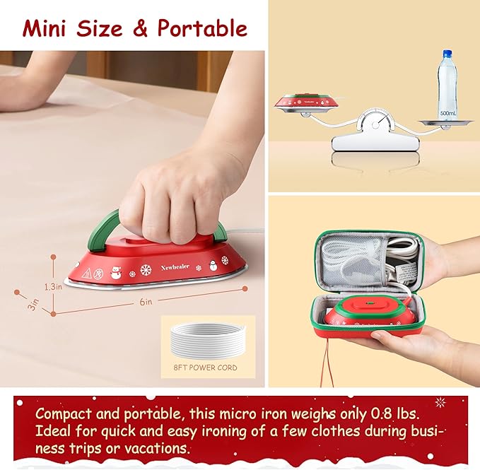 Newbealer Travel Iron with Global Voltage, Christmas Ready Gift, 100-240V Mini Dry Iron (No Steam), Max 300W, 60s Heat to 302℉, 0.8lbs, Festive Hard Case Included, Xmas Special Edition (Red)
