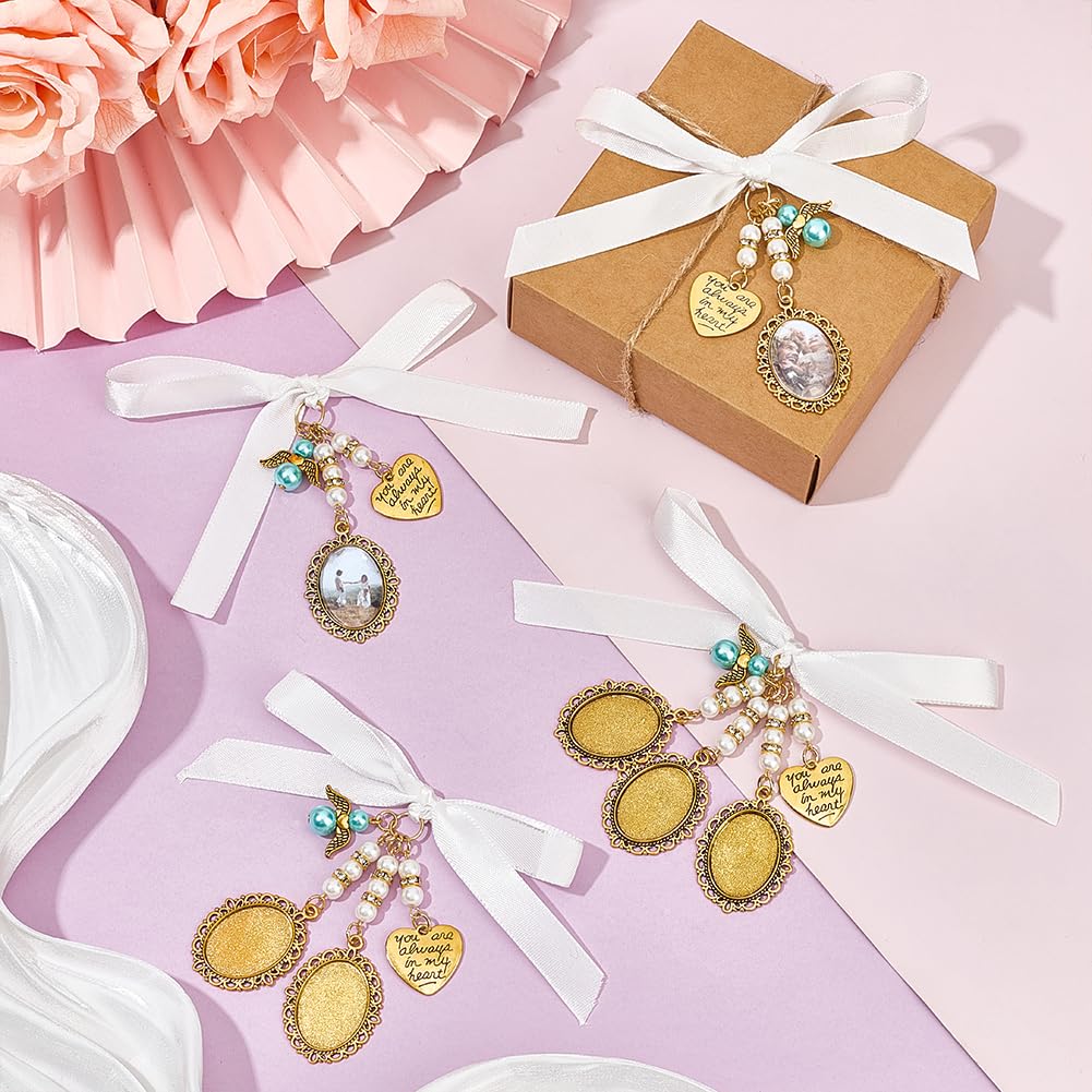 UNICRAFTALE 6Pcs Wedding Bouquet Photo Charms Antique Golden DIY Pin Brooch Making Kit with Heart Charm Blank Metal Oval Clear Glass Cabochons Holds 3 Pictures for Photo Charm Wedding Party