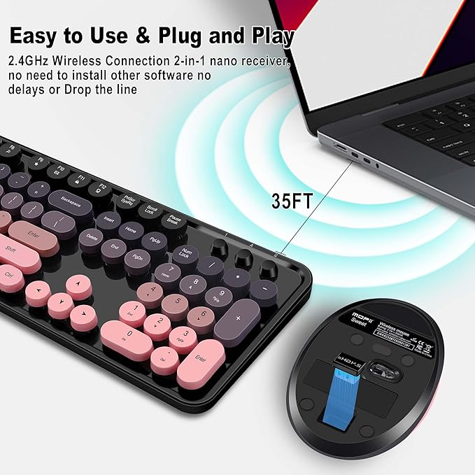 Kootop Wireless Keyboard and Mouse Combo, Cute Colorful 104 Keys Typewriter Retro Round Keycaps Keyboard for PC Laptop,Desktop,Windows, Home and Office Keyboards(Black Pink)