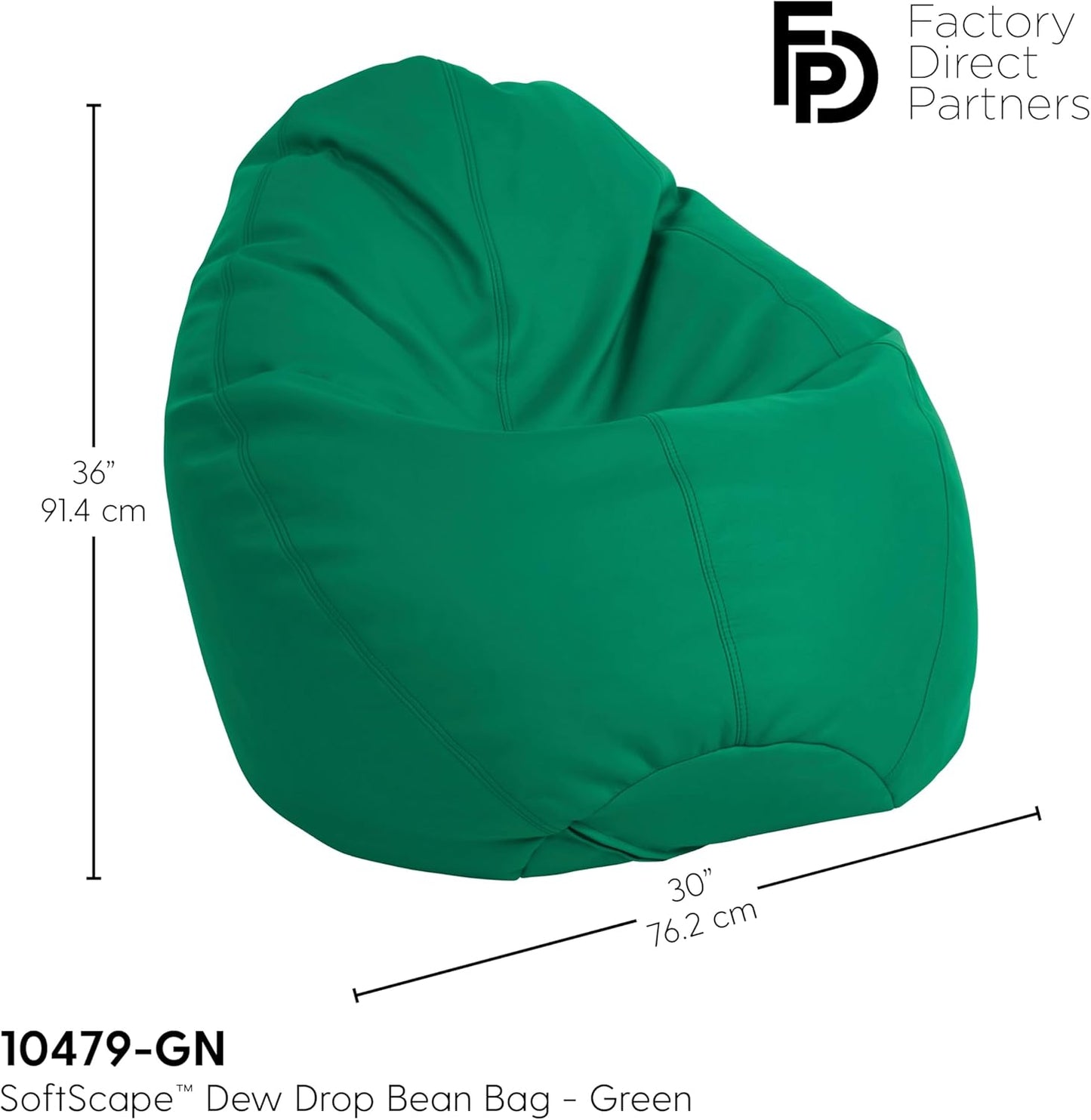 FDP SoftScape Dew Drop Bean Bag Chair with Supportive High-Back Design, For Kids, Teens and Adults, Alternative Seating for Dorms, Schools, Libraries, Daycares or Home - Green