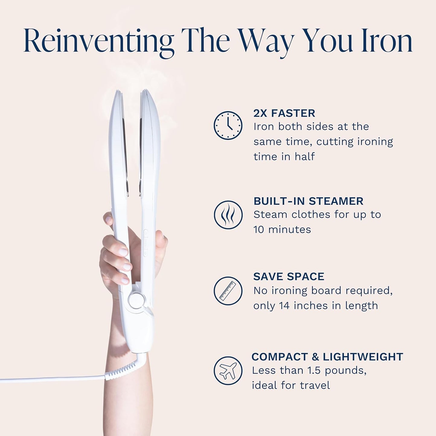 Nori Press Travel Steam Iron - Handheld Iron With Optional Steam Feature - No Ironing Board Required - Easy to Use w/ 6 Fabric Settings - Removes Wrinkles - User Manual Included -White