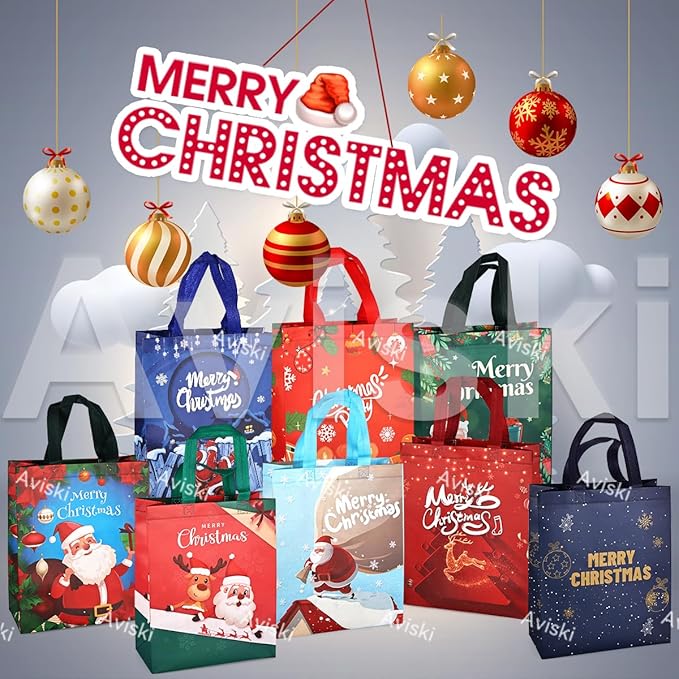 16PCS Christmas Tote Treat Non-Woven Gift Bags with Handles for Gifts Wrapping Shopping, Xmas Party Supplies, 12.2×9.8×4.53inch