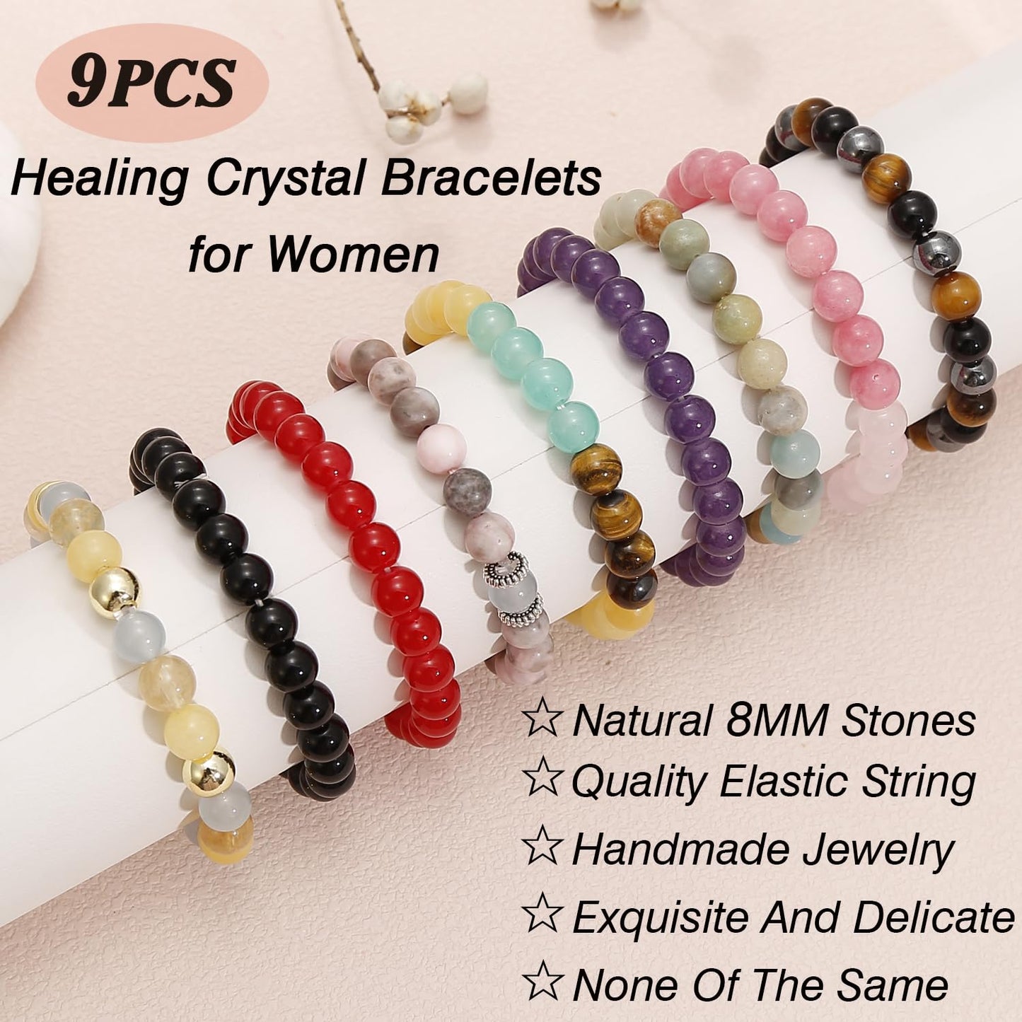 BOMAIL 9 PCS Healing Crystal Bracelets for Women 8 MM Natural Stone Beaded Bracelet Protection Anxiety Spiritual Stretch Bracelet for Women Men