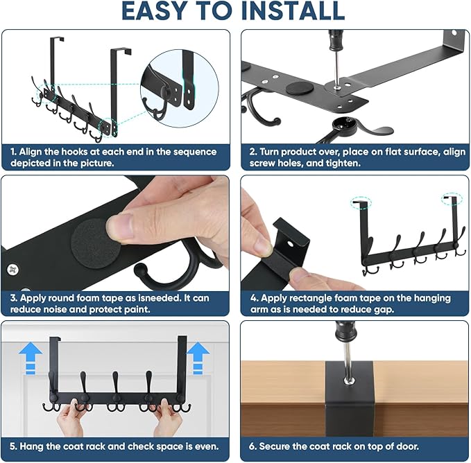 TICONN Over The Door Hooks, 5 Heavy Duty Tri Coat Rack All Metal Coat Hanger for Bathroom Bedroom Dorm (Matte Black, 2PK, Fit 1-3/4" Doors)
