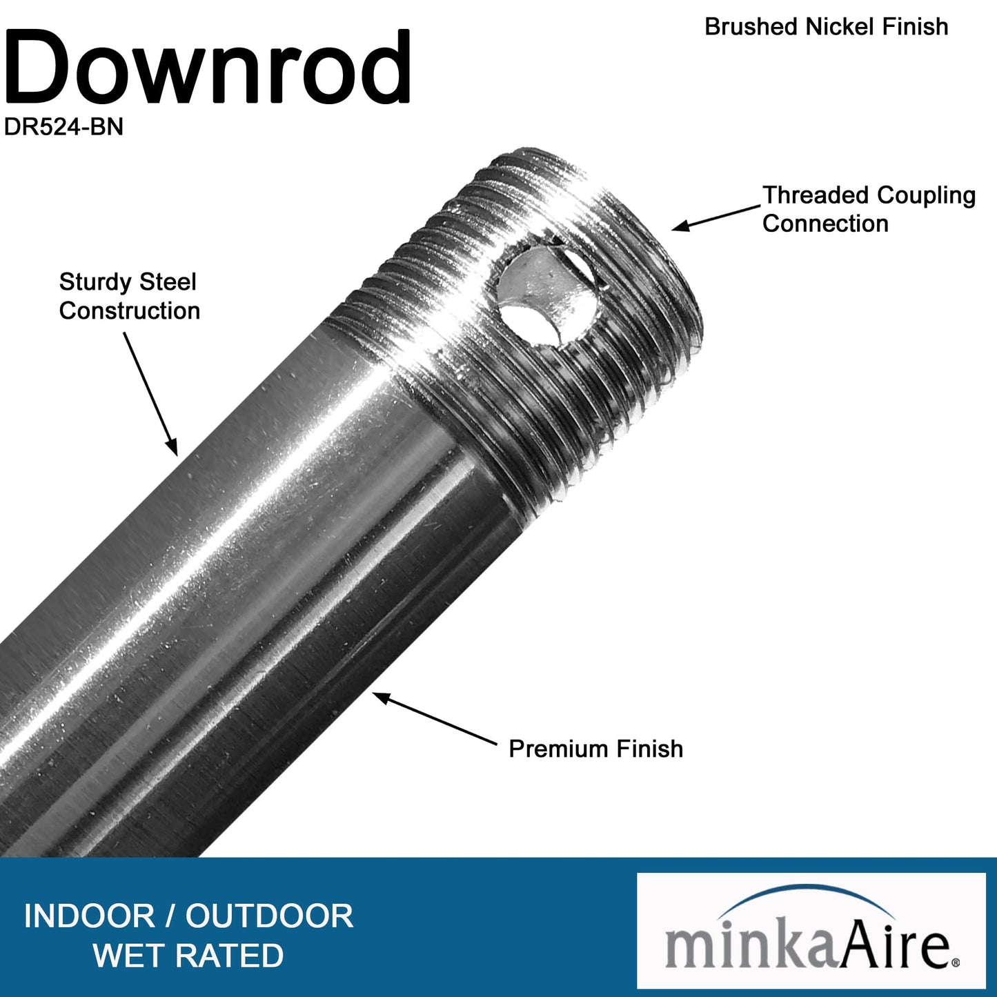 Minka-Aire 24 Inch Ceiling Fan Downrod - Brushed Nickel - Dr524-Bn