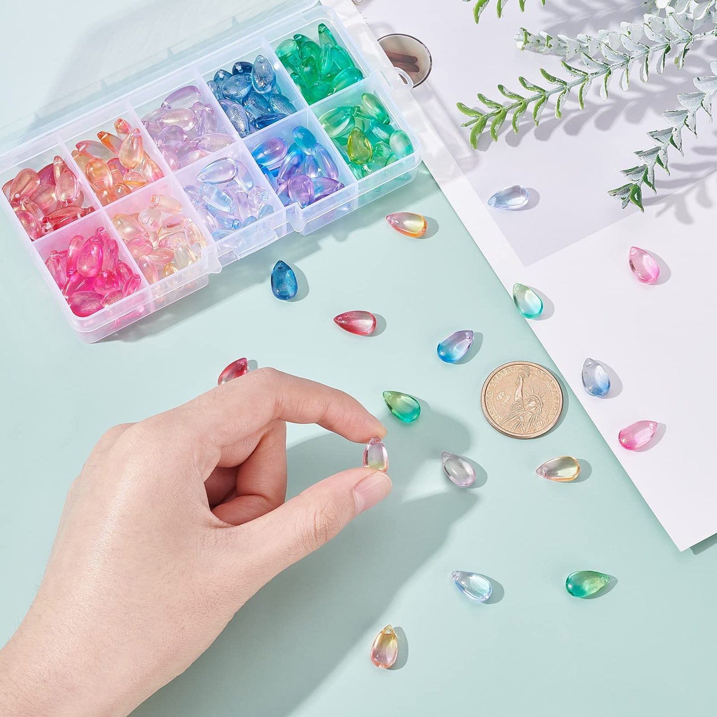 PH PandaHall Teardrop Crystal Beads, 200pcs 10 Color Water Drop Crystal Glass Beads Transparent Loose Beads Colorful Charms Pendants for DIY Crafts Earring Jewelry Making Costume Embellishments