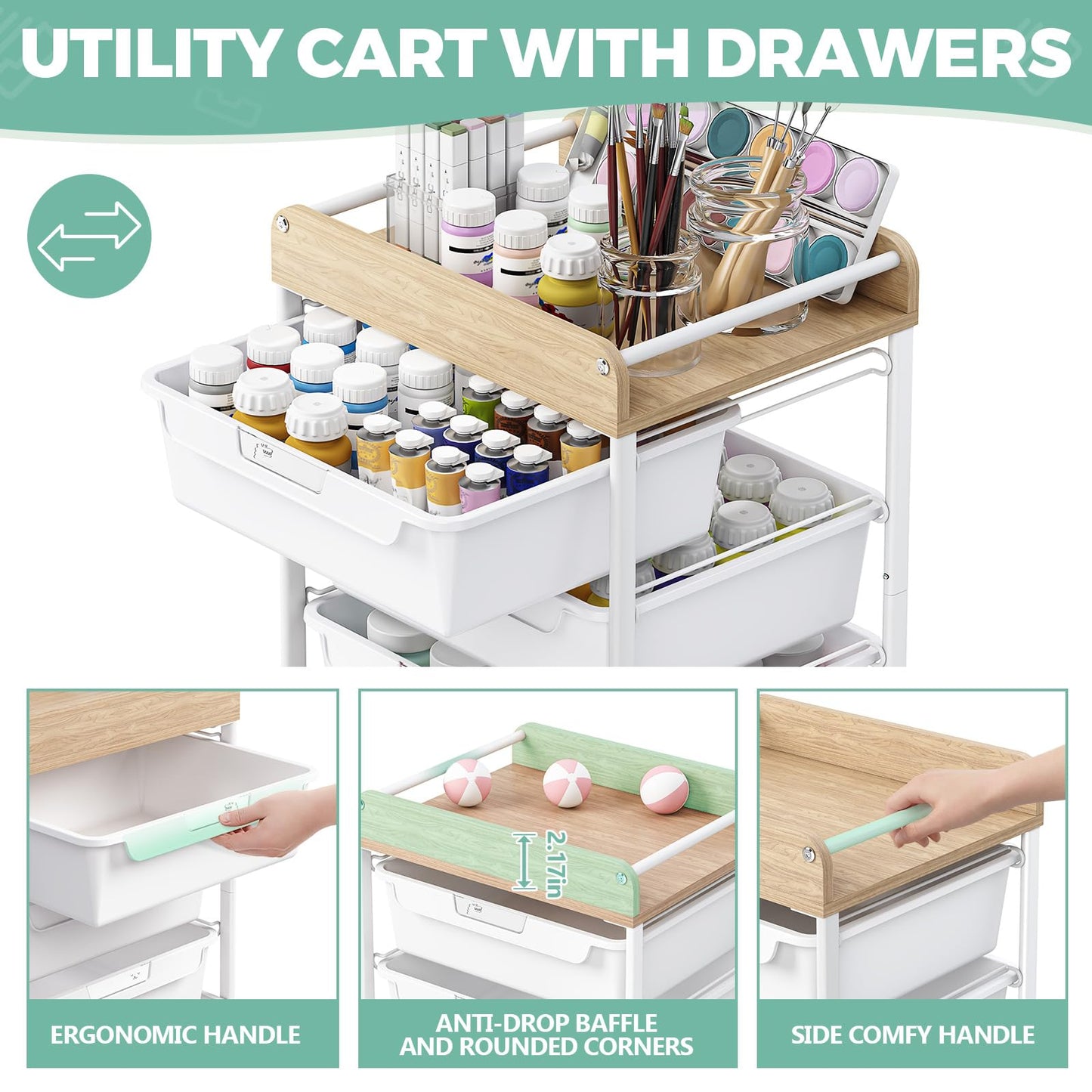 Rolling Craft Storage Cart with 4 Drawers,Utility Cart with Drawers,Art Craft Organizers and Storage,Kids Craft Cart,Kids Art Cart With DIY Lable and Wooden Tabletop Area,White