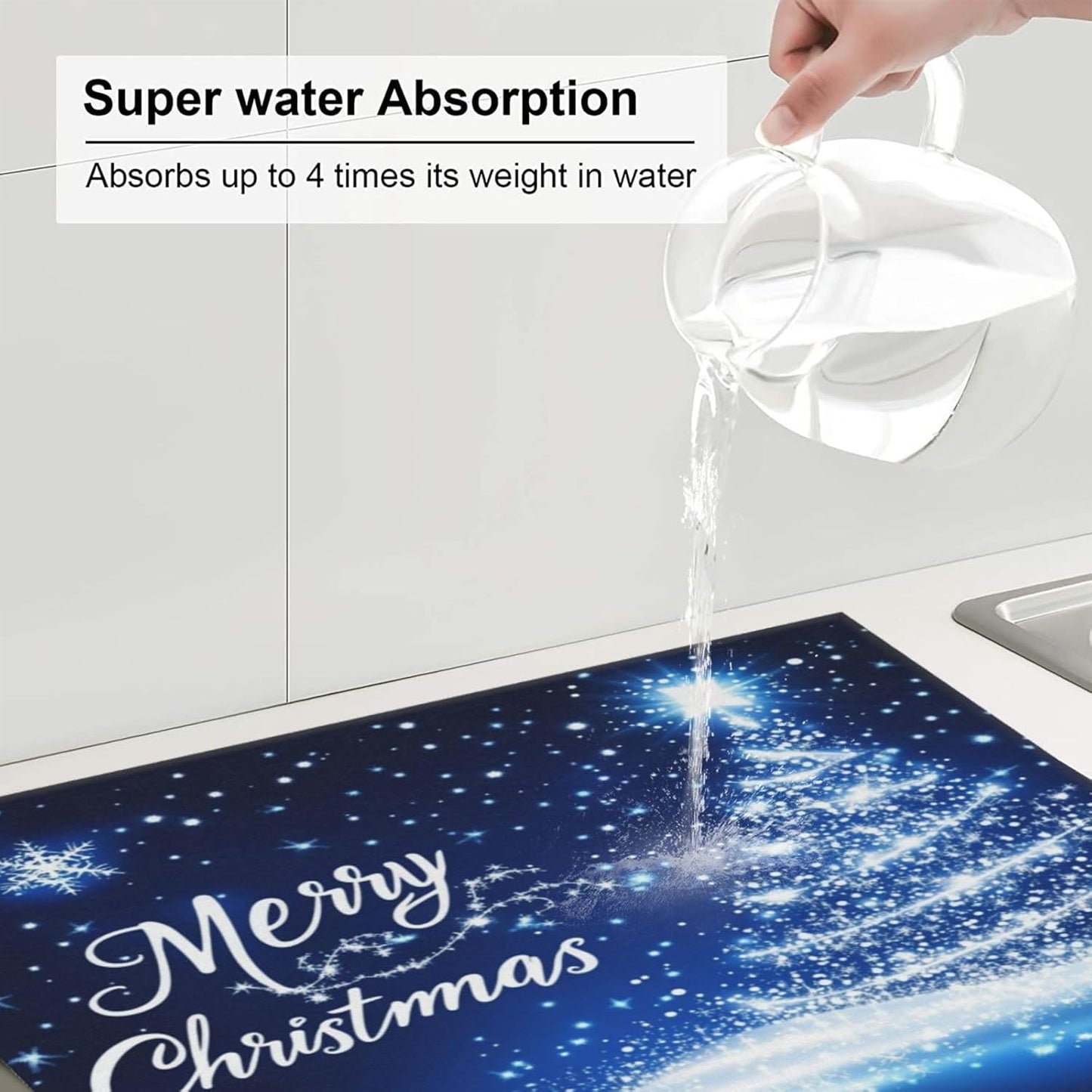 Dish Drying Mat for Kitchen Merry Christmas Blue Tree Counter Absorbent Dishes Drainer Microfiber Small 16x18 Inch