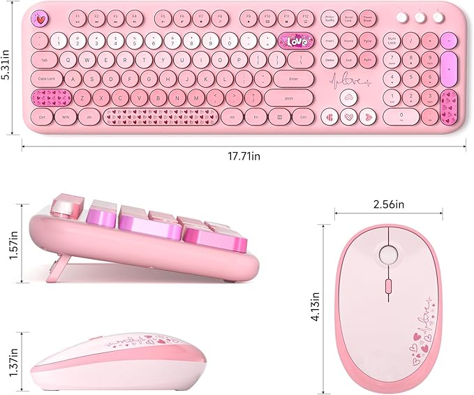 MOFII Wireless Keyboard and Mouse Combo, 2.4GHz Retro Typewriter Keyboard Full Size, Quiet Click Mouse for PC, Laptop, Desktop, Computer, Windows (Pale Pink)