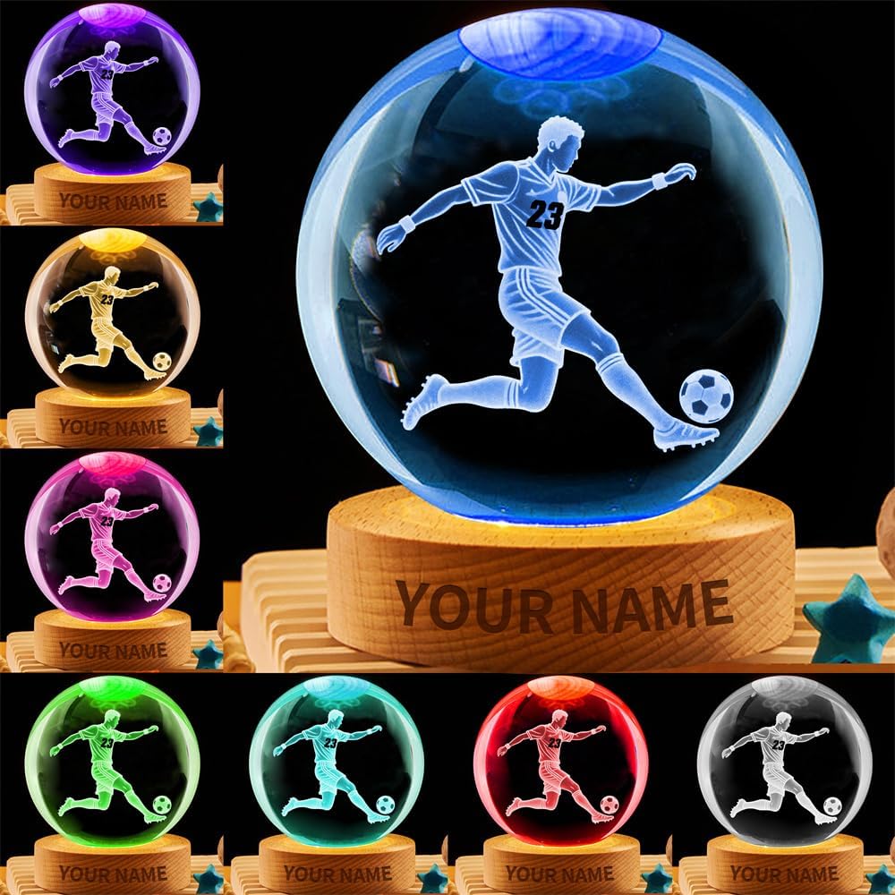 Personalized Soccer Crystal Night Light Gift for Men Women, Custom Name/Number Soccer Player 3D Crystal Ball Night Light Lamp for Bedroom Room Sports Decor Party Bar Christmas Birthday Gift