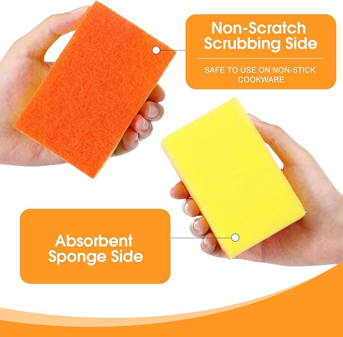 Tioncy 100 Pcs Individually Wrapped Sponges Kitchen Bulk Orange Dish Non Scratch Scrub Sponges Dual Sided Cleaning Dish Scrubber for Washing Dishes, Pots, Pans, Sinks, Stoves, Appliances, Car, Bike