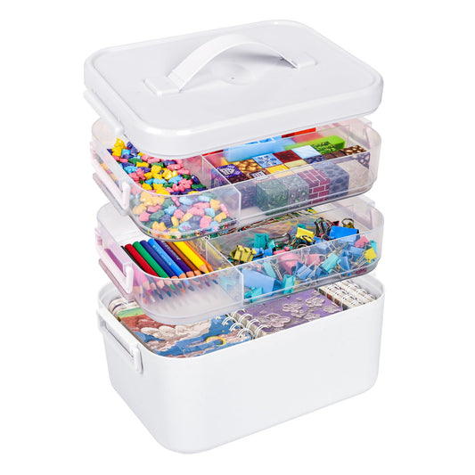 MERATIA 3-Tier Art Supply Storage Container, Stackable Craft Organizer Box with Dividers, Clear Plastic Storage Case for Markers, Toys, Coloring Books (Medium Dimensions:9.4‘’*6.4‘’*7.7‘’