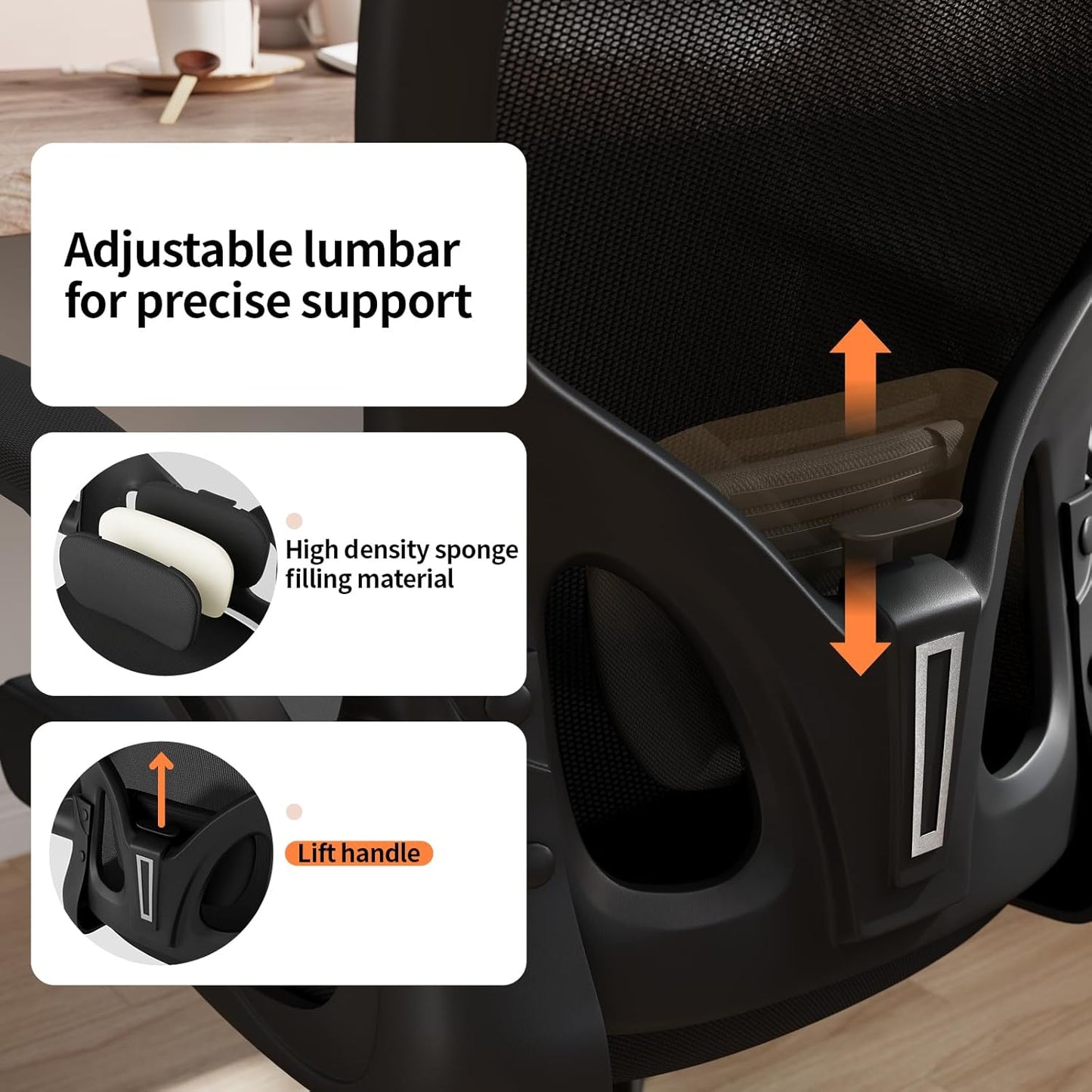 Monhey Ergonomic Office Chair with Lumbar Support, Adjustable Height, 2D Flip-up Arms, Breathable Black Mesh, Comfortable Desk Chair Chair for Home, Office, Study & Gaming