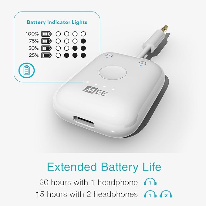 MEE audio Connect Air in-Flight Bluetooth Wireless Audio Transmitter Adapter for up to 2 AirPods / Other Headphones; Works with All 3.5mm Aux Jacks on Airplanes, Gym Equipment, TVs, & Gaming Consoles