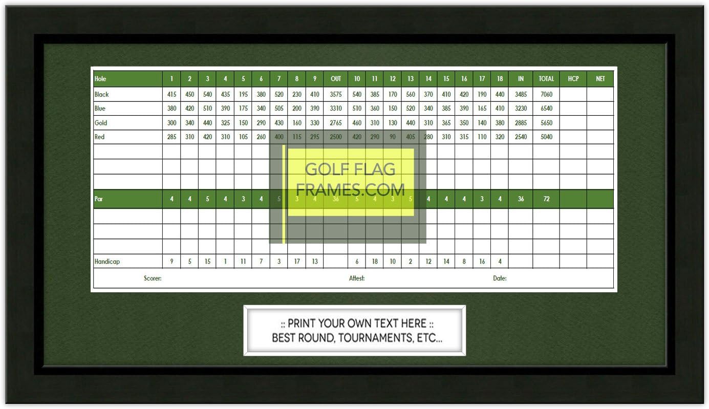 Custom Size Golf Scorecard Frame; Black Wood Frame, Scorecard Size 5x12, Mat Color Green