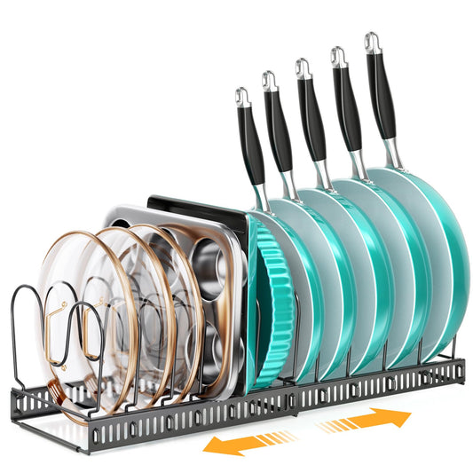 MUDEELA Expandable Pots and Pans Organizer Rack under Cabinet, Pots Lid Organizer Rack for Kitchen Cabinet Organizers and Storage with 12 Adjustable Dividers Cutting Board Holder & Anti-Scratch Strips