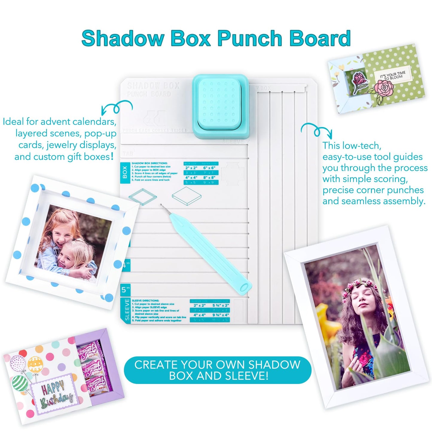 Shadow Box Punch Board, Punch Boards for Crafting, 2", 3", 4", and 5" Shadow Box Making Scoring Board with Scoring Tool for DIY Making ShadowBoxes and Sleeves, Scrapbooking Family Photo Making Gifting