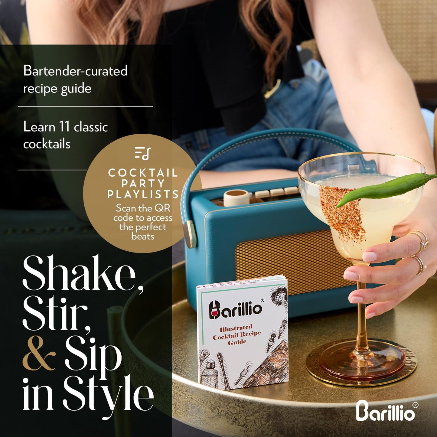 Barillio Gold Bartender Kit - Stainless-Steel Cocktail Shaker Set w/Black Bamboo Stand - Mixology Bar Tools w/Drink Shaker, Mixer, and Muddler for Cocktails - Home Bar Accessories - 23-Pc Bar Set