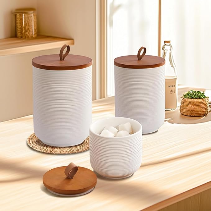 Food Storage Jar Strong Ceramic Storage Canisters with Airtight Wooden Lid,Kitchen Storage Containers for Serving Coffee Beans, Tea, Sugar, Salt, Spices (Medium white 27 oz)