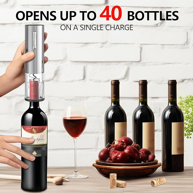 Electric Wine Opener, Rechargeable Automatic Wine Bottle Opener with Foil Cutter, Wine Stopper, LED Light, Type-C Charging Wine Corkscrew for Home Party Wedding, Stainless Steel