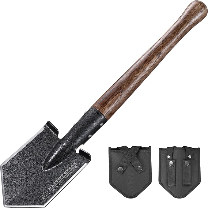 MASTIFF GEARS Tactical Survival Shovel - 48.5cm/19in, Axe/Machete Replacement, HRC 42-48 1050 Steel Spade, Hand-Carbonized Hardwood Handle & MOLLE Sheath for Camping Hiking Off-Roading Emergency