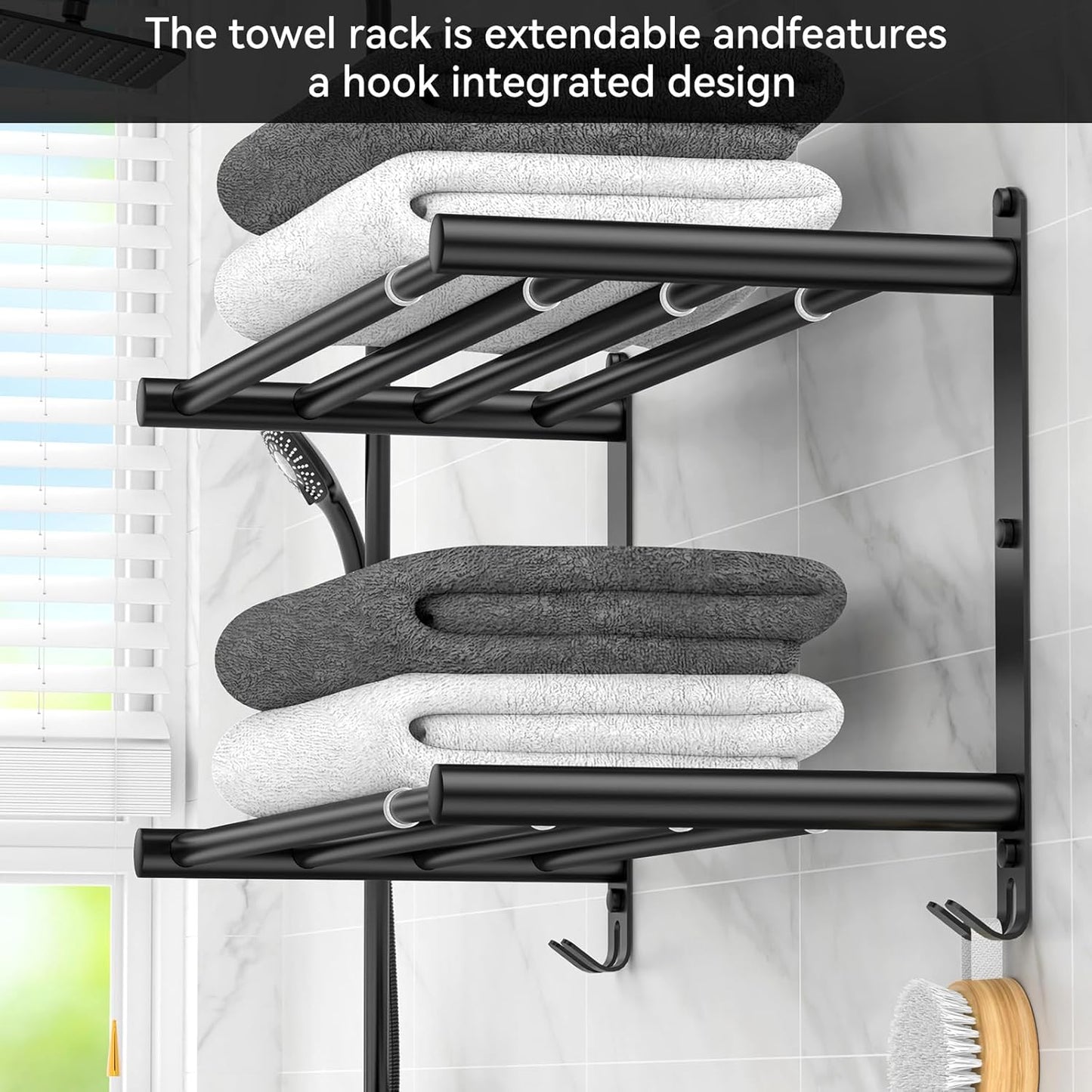 Black Adjustable Towel Bar for Bathroom Wall Mount17-30.7inch Adhesive Shower Towel Rack Stainless Steel Bath Towel Holders for Toilet Kitchen Double Towel Hanger (Black Double Towel Rack)