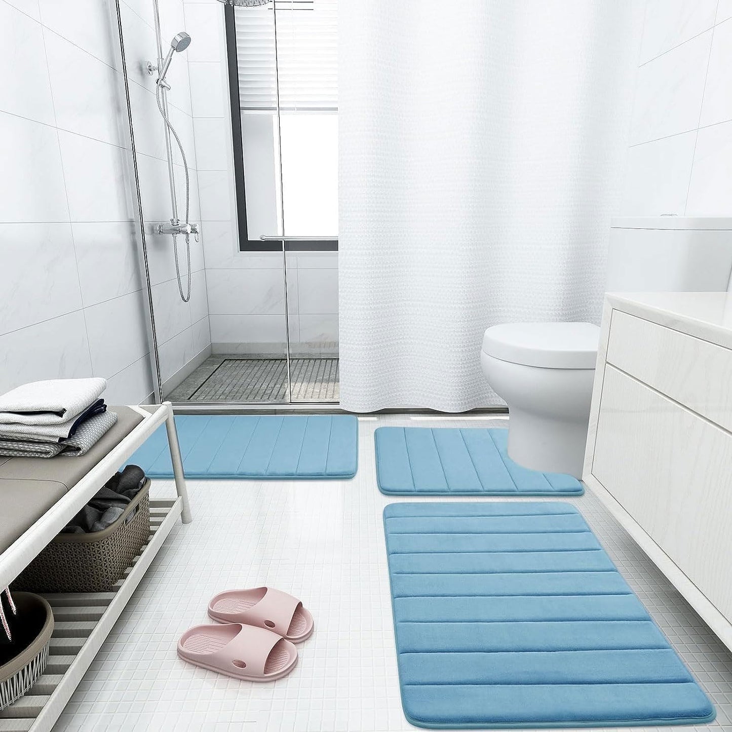 Buganda Memory Foam Bath Mat, 70" x 34", Ultra Soft and Non-Slip Bathroom Rugs, Water Absorbent and Machine Washable Bath Rug Runner for Bathroom, Shower, and Tub, Blue