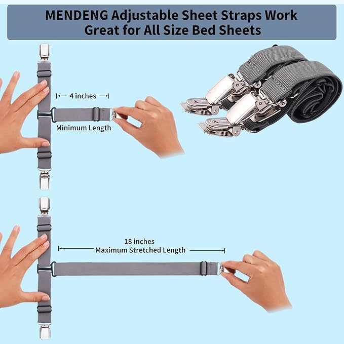 MENDENG Bed Sheet Holder Garters Bed Suspenders Sheet Stays Sheet Clips for Bedding Bed Clips for Sheets Grey Sheet Suspenders Queen 4P