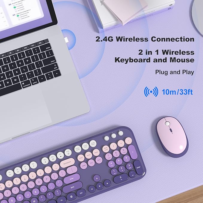 Wireless Keyboard and Mouse Combo, 104 Keys Full Size Typewriter Keyboards and 2.4 GHz USB Receiver Plug Play Mouse for Windows, PC, Laptop, Desktop (Purple)